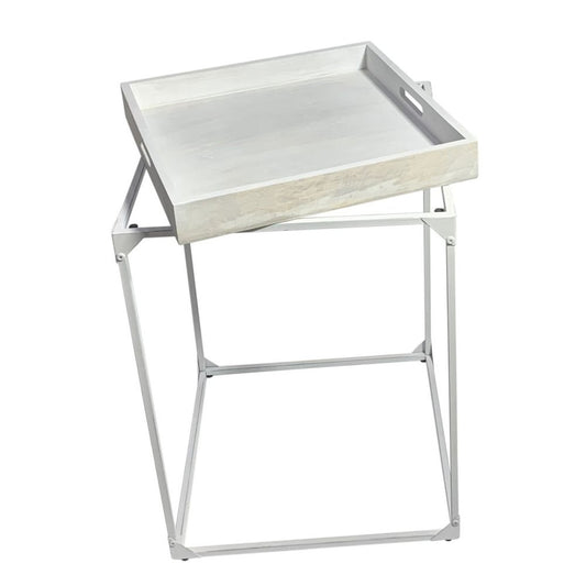 29" White Solid Wood and Iron Square Tray Style End Table