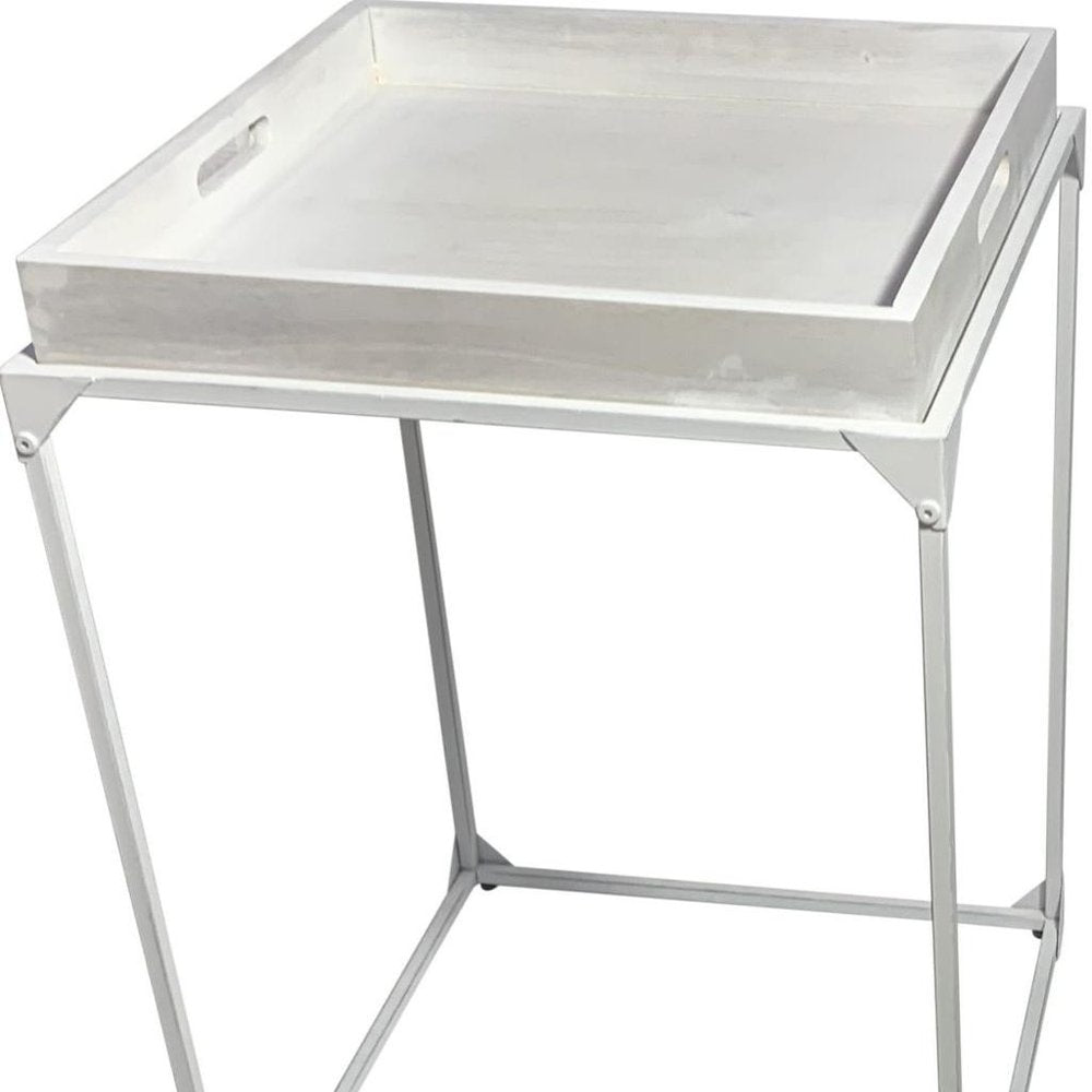 29" White Solid Wood and Iron Square Tray Style End Table