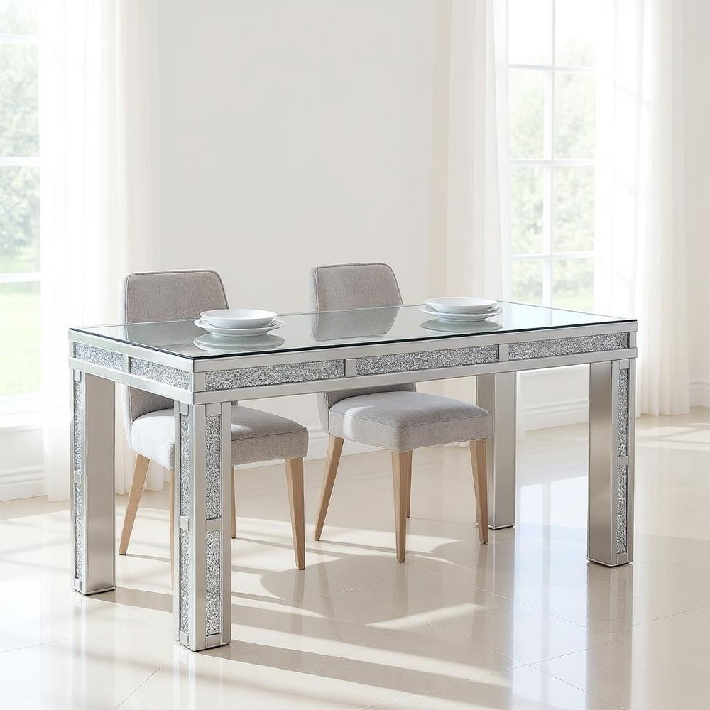 31" Silver Mirrored Glass And Faux Crystal Dining Table