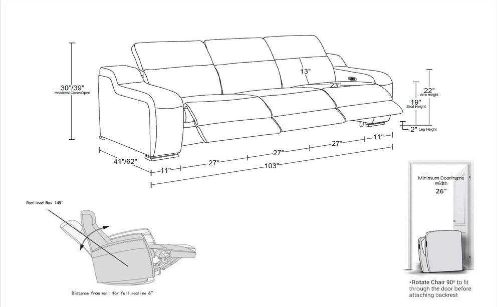 103" Dark Gray Italian Leather Reclining USB Sofa