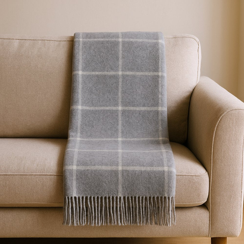 50" X 67" Light Gray And White Cotton Blend Woven Plaid Throw Blanket with Fringe