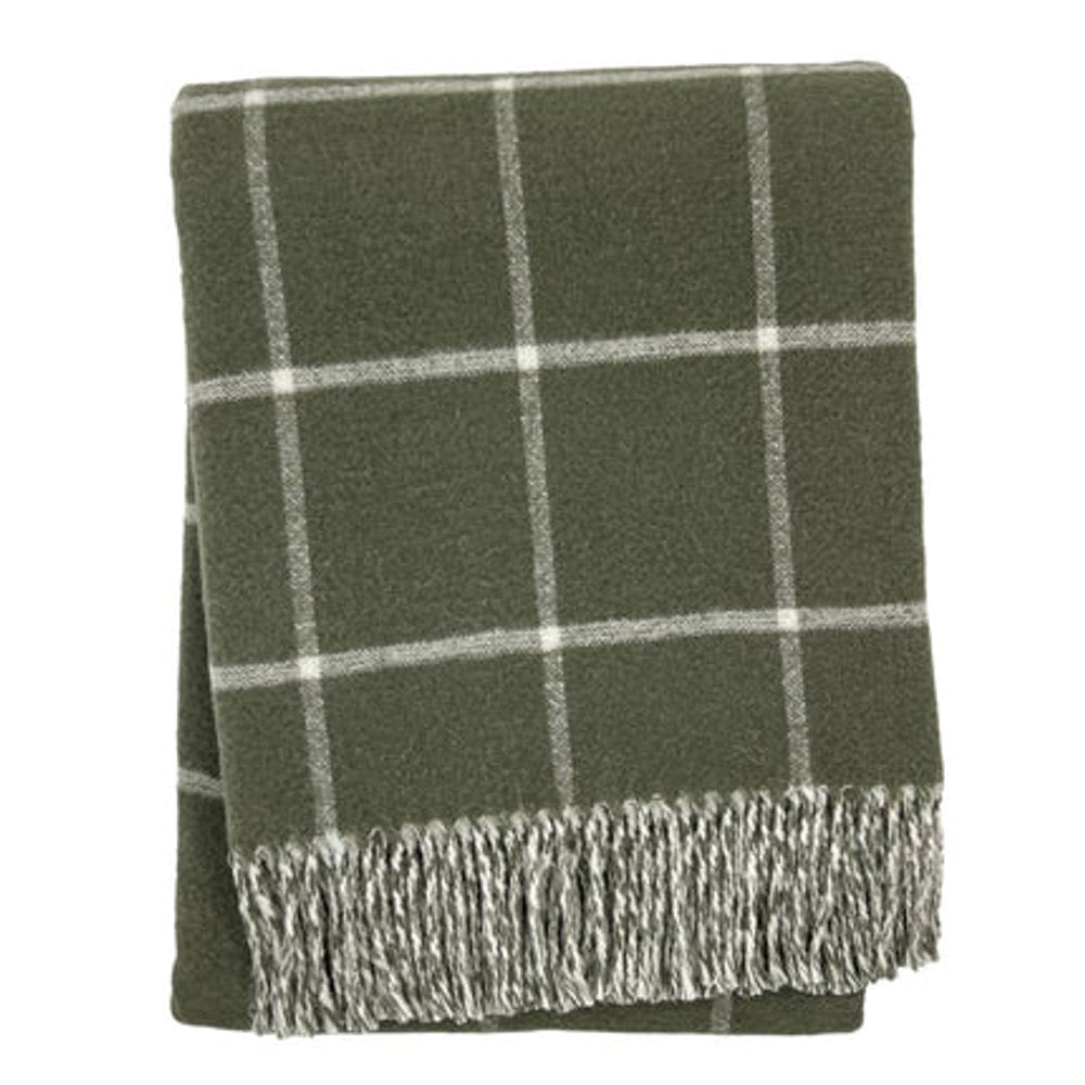 50" X 67" Olive Green And White Cotton Blend Woven Plaid Throw Blanket with Fringe
