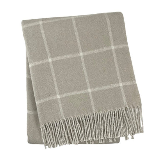 50" X 67" Sand And White Cotton Blend Woven Plaid Throw Blanket with Fringe