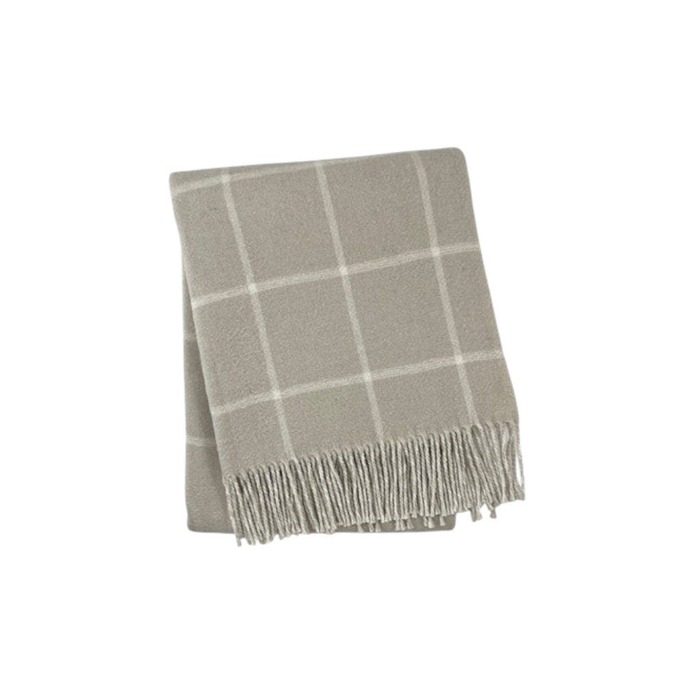 50" X 67" Sand And White Cotton Blend Woven Plaid Throw Blanket with Fringe