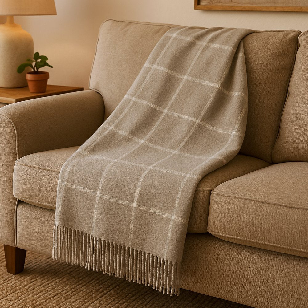 50" X 67" Sand And White Cotton Blend Woven Plaid Throw Blanket with Fringe