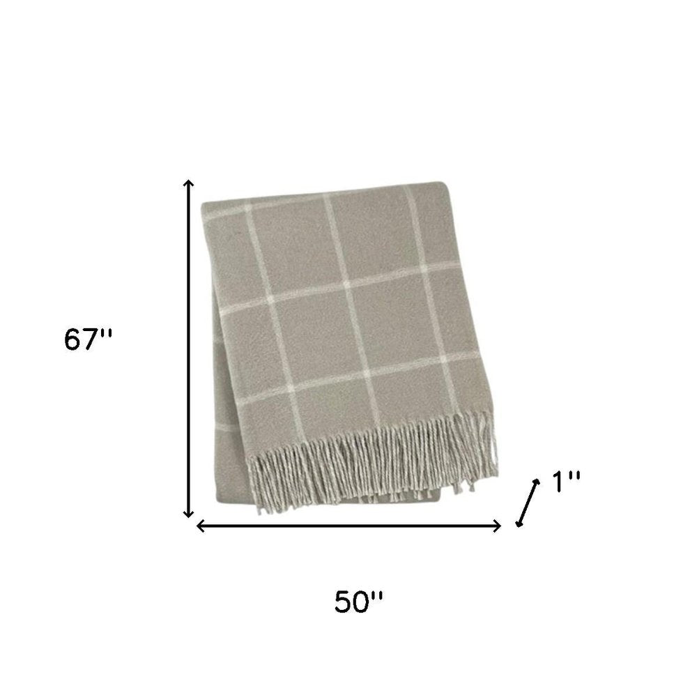 50" X 67" Sand And White Cotton Blend Woven Plaid Throw Blanket with Fringe