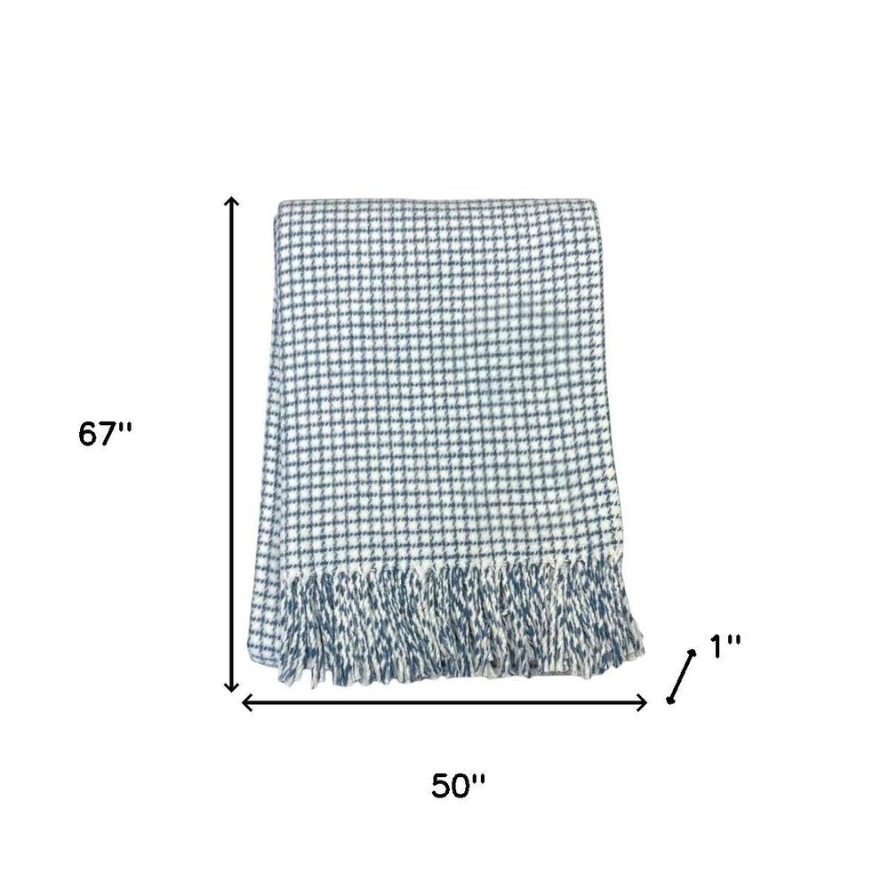 50" X 67" Cream And Denim Blue Cotton Blend Woven Plaid Throw Blanket with Fringe