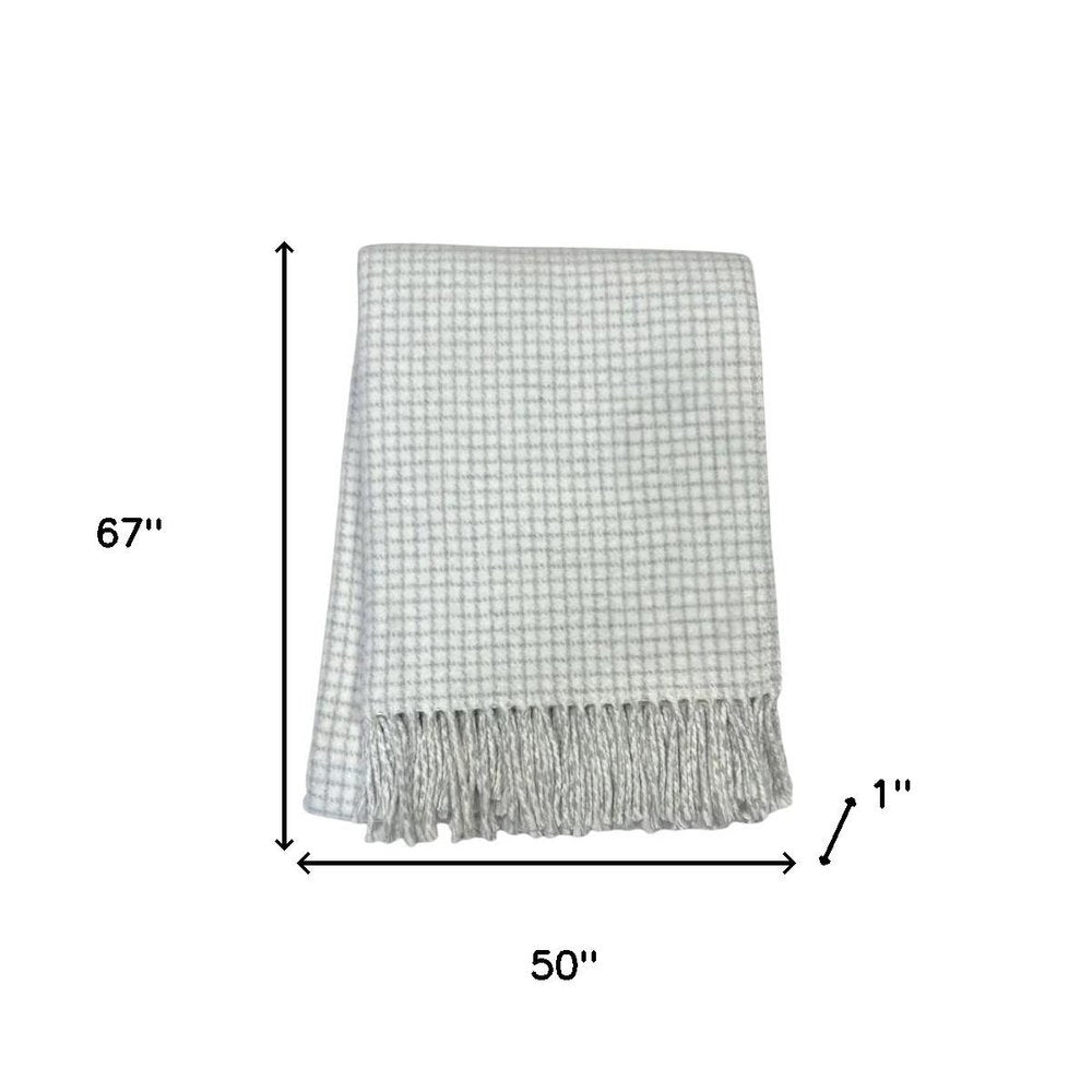 50" X 67" Cream And Light Gray Cotton Blend Woven Plaid Throw Blanket with Fringe