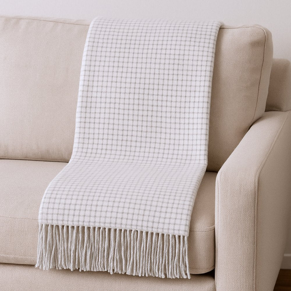 50" X 67" Cream And Light Gray Cotton Blend Woven Plaid Throw Blanket with Fringe