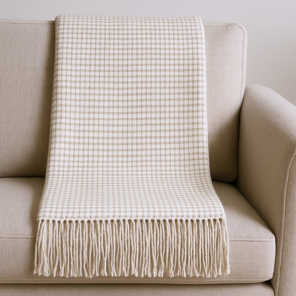 50" X 67" Cream And Sand Cotton Blend Woven Plaid Throw Blanket with Fringe