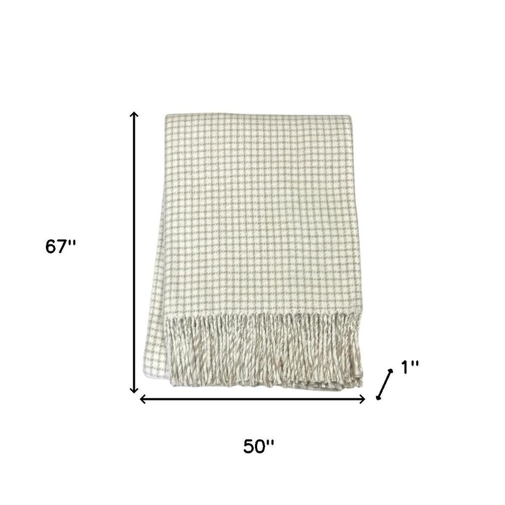 50" X 67" Cream And Sand Cotton Blend Woven Plaid Throw Blanket with Fringe