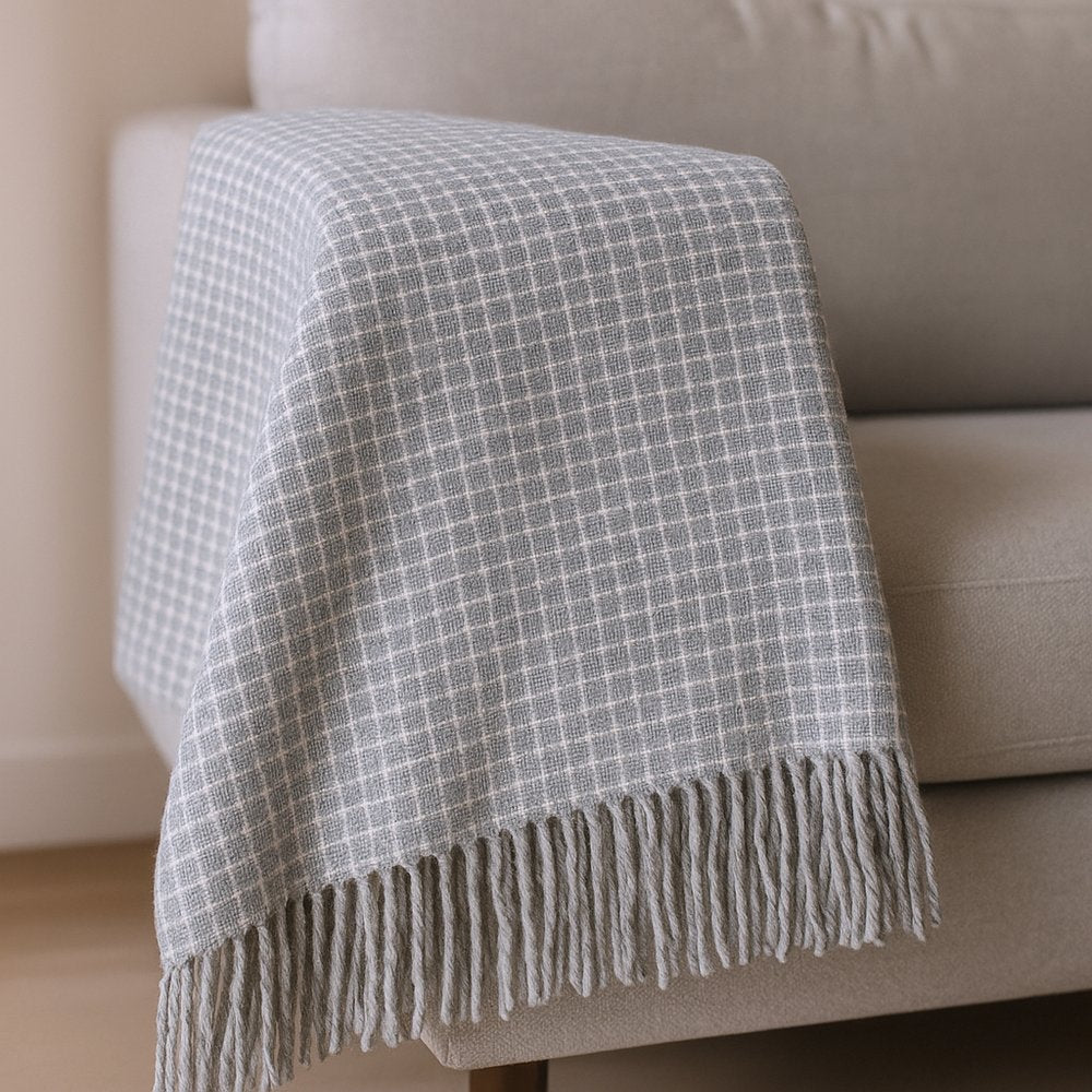50" X 67" Light Gray And Cream Cotton Blend Woven Plaid Throw Blanket with Fringe