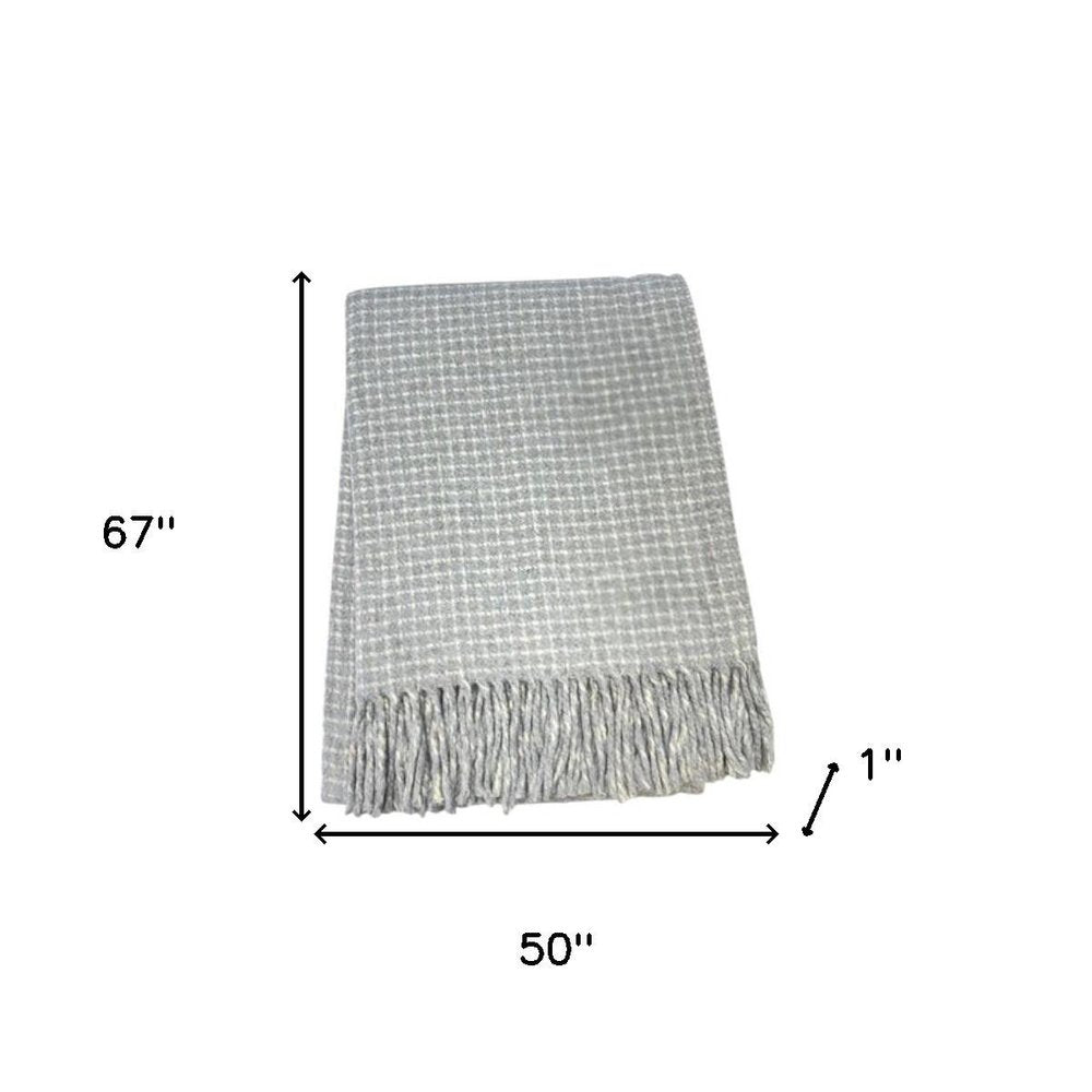 50" X 67" Light Gray And Cream Cotton Blend Woven Plaid Throw Blanket with Fringe
