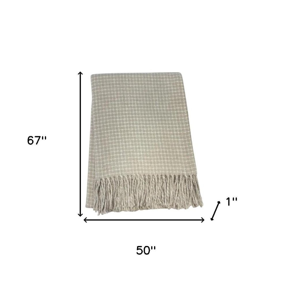50" X 67" Sand And Cream Cotton Blend Woven Plaid Throw Blanket with Fringe