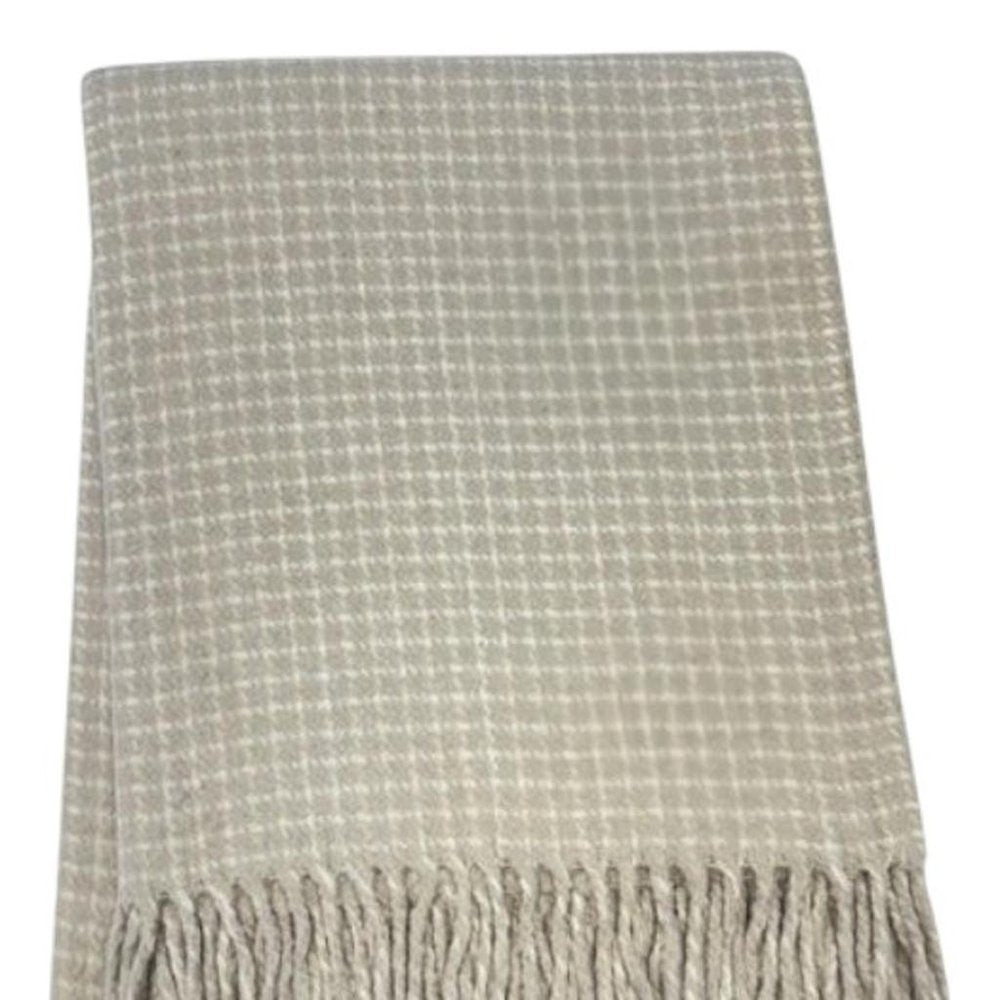 50" X 67" Sand And Cream Cotton Blend Woven Plaid Throw Blanket with Fringe