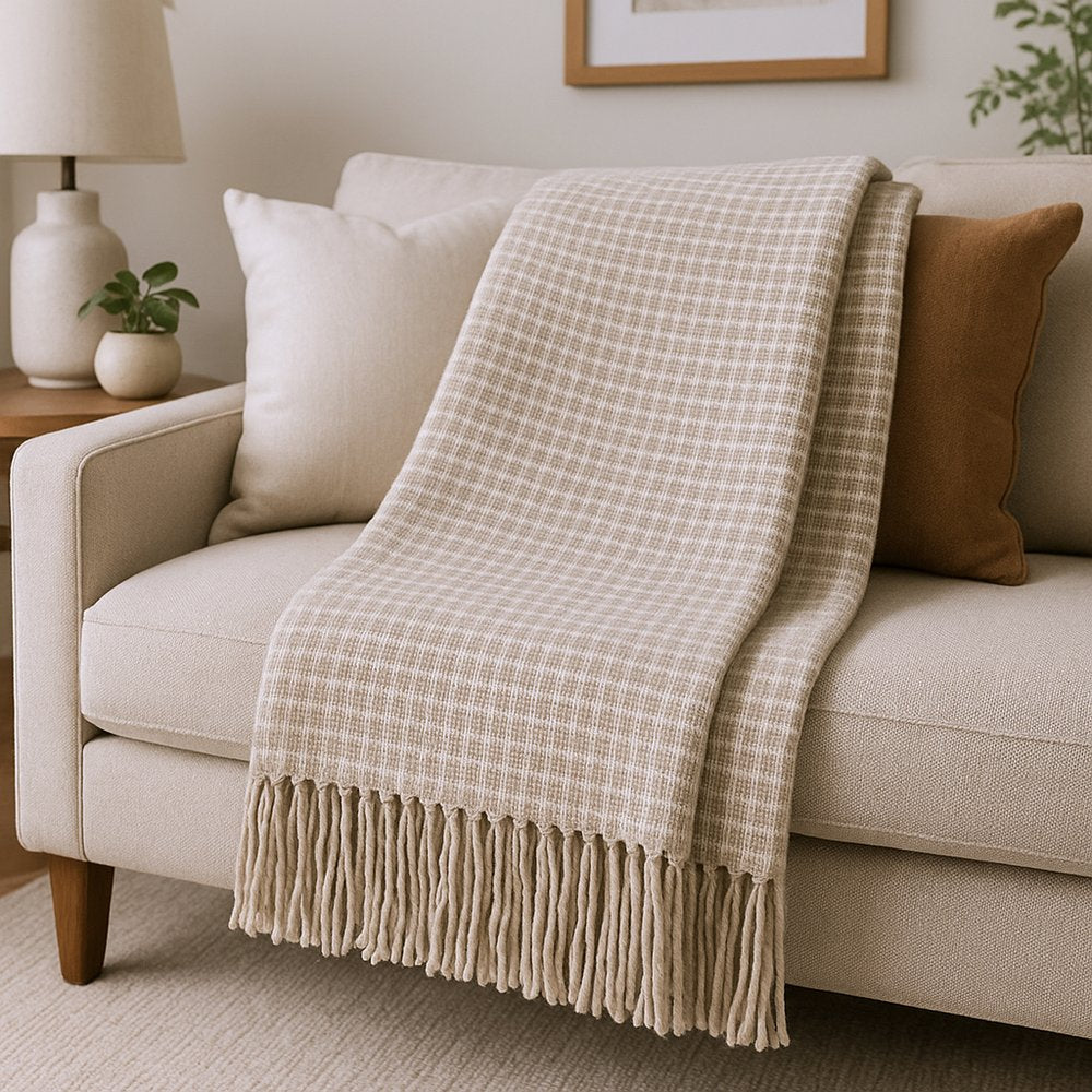 50" X 67" Sand And Cream Cotton Blend Woven Plaid Throw Blanket with Fringe