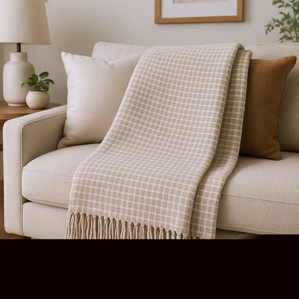 50" X 67" Sand And Cream Cotton Blend Woven Plaid Throw Blanket with Fringe