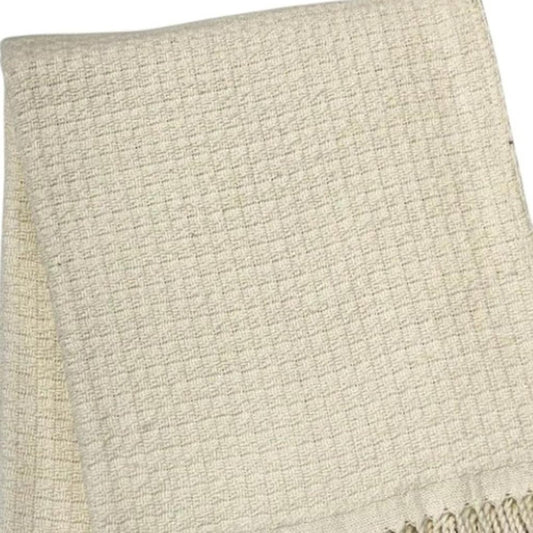 50" X 67" Cream Cotton Blend Woven Throw Blanket with Fringe