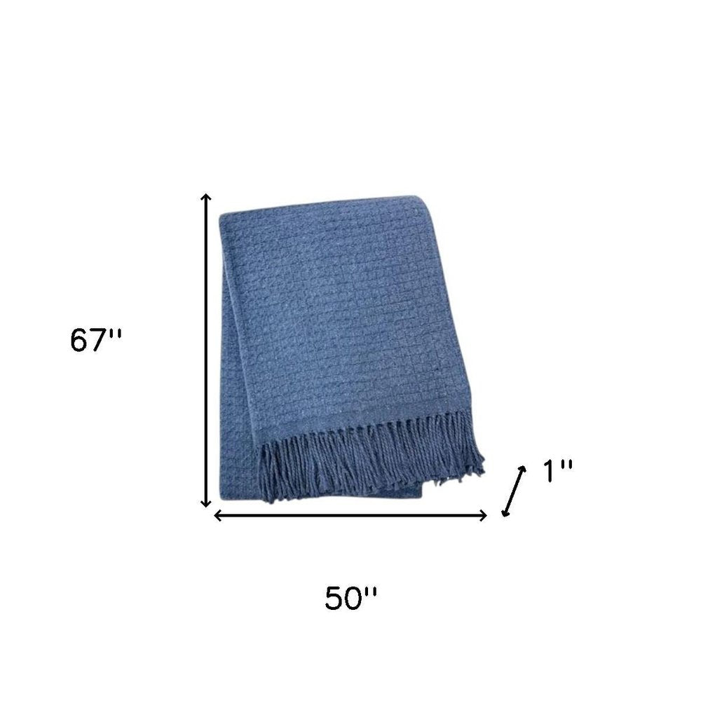 50" X 67" Denim Blue Cotton Blend Woven Throw Blanket with Fringe