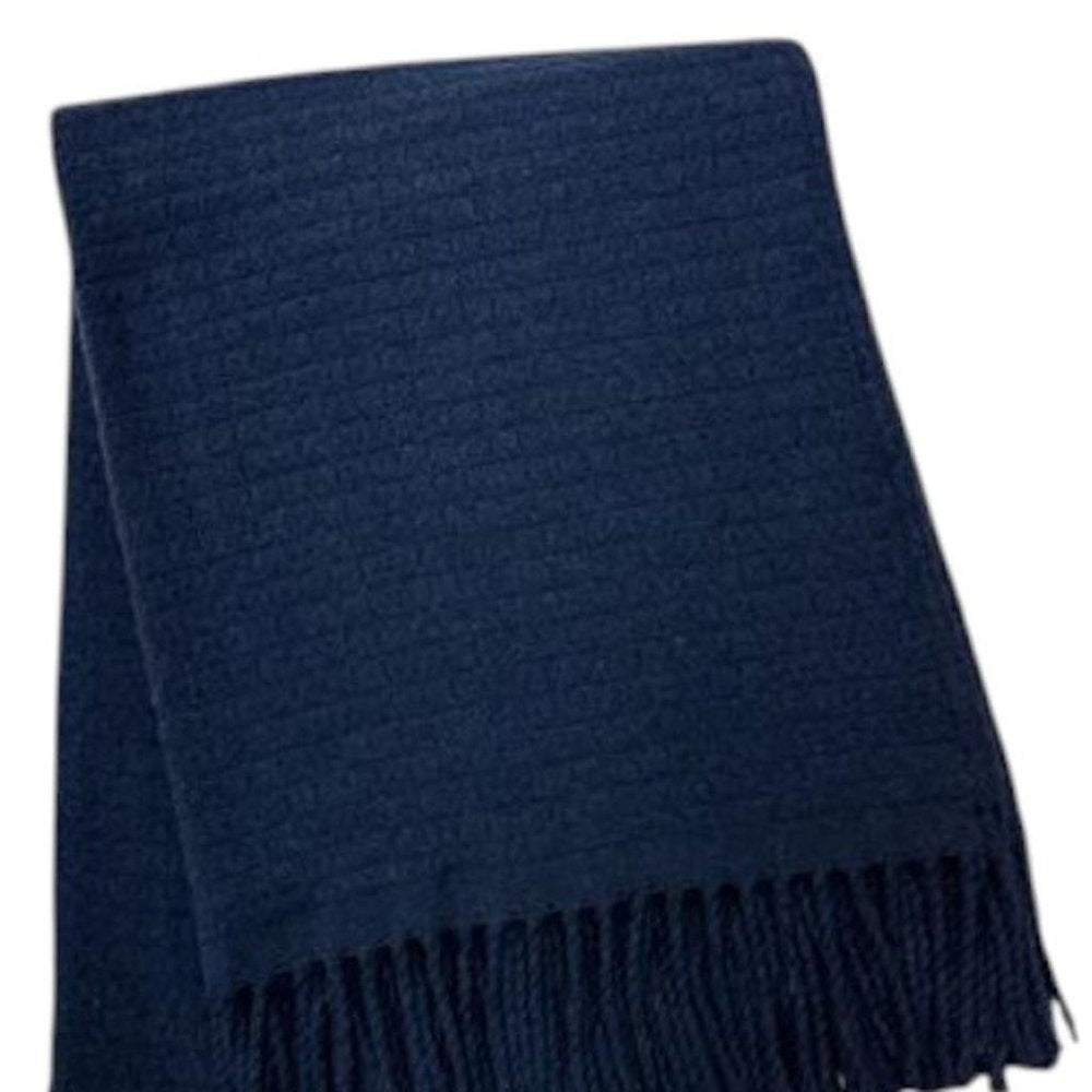 50" X 67" Navy Blue Cotton Blend Woven Throw Blanket with Fringe