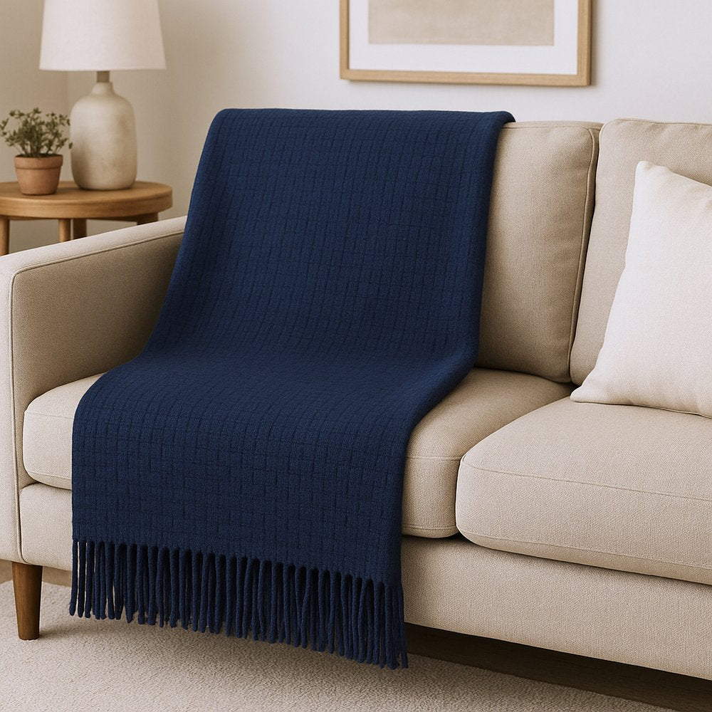 50" X 67" Navy Blue Cotton Blend Woven Throw Blanket with Fringe