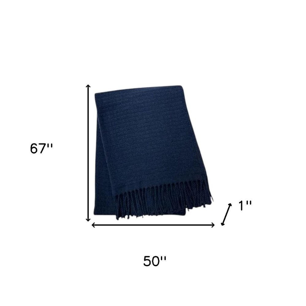 50" X 67" Navy Blue Cotton Blend Woven Throw Blanket with Fringe
