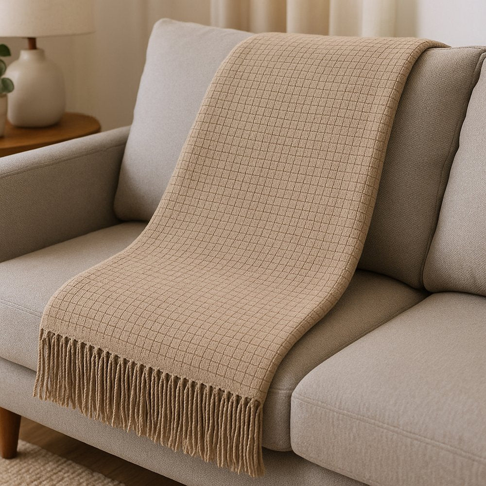 50" X 67" Sand Cotton Blend Woven Throw Blanket with Fringe