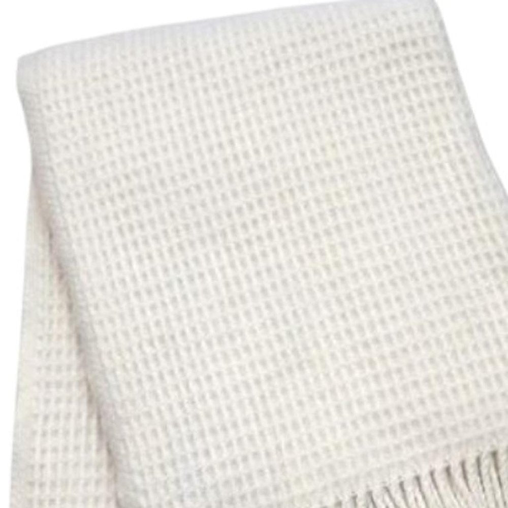 55" X 70" Cream Cotton Blend Waffle Weave Throw Blanket with Fringe
