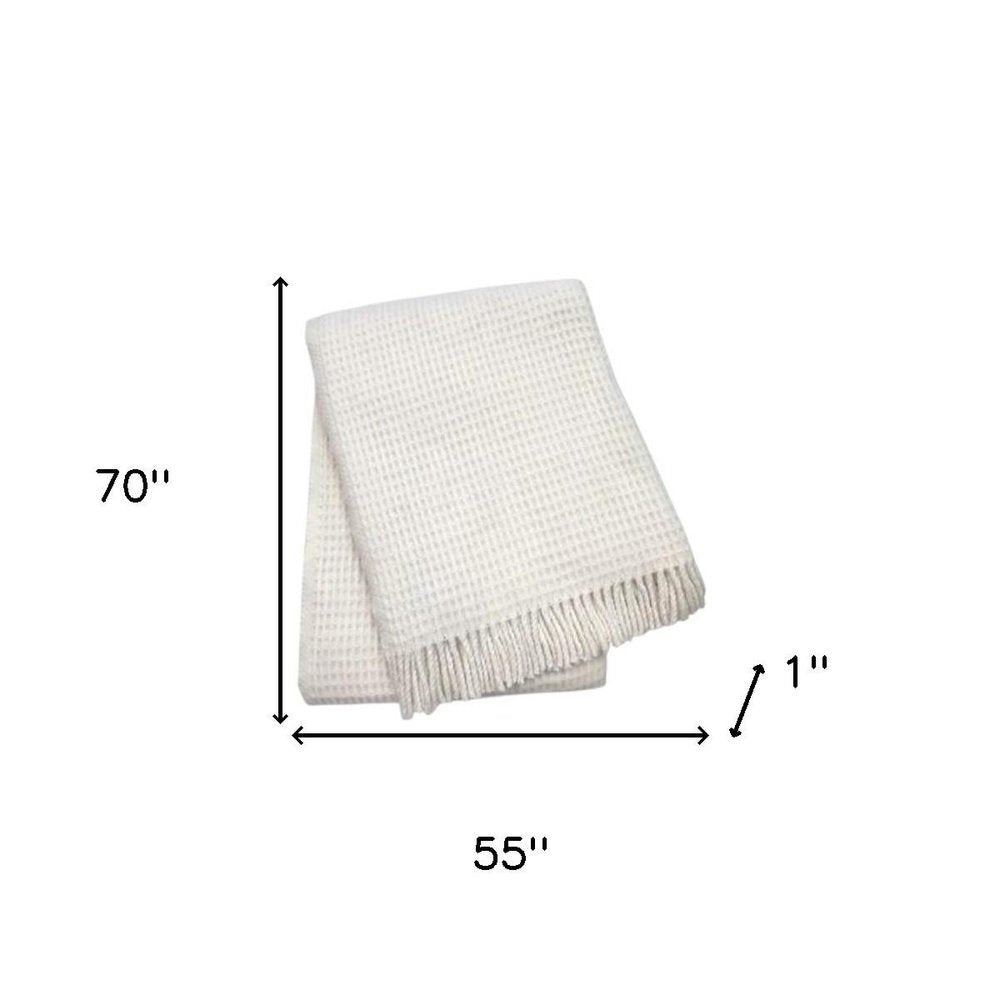 55" X 70" Cream Cotton Blend Waffle Weave Throw Blanket with Fringe