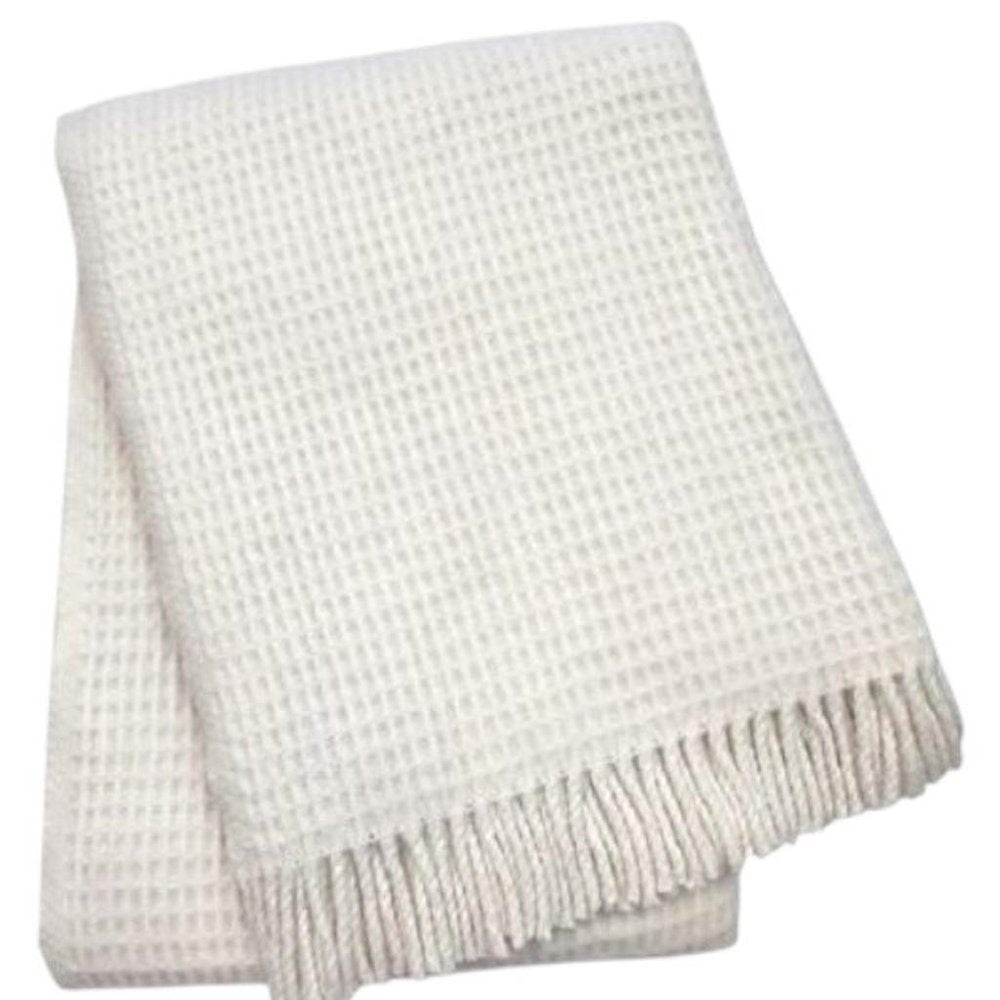 55" X 70" Cream Cotton Blend Waffle Weave Throw Blanket with Fringe