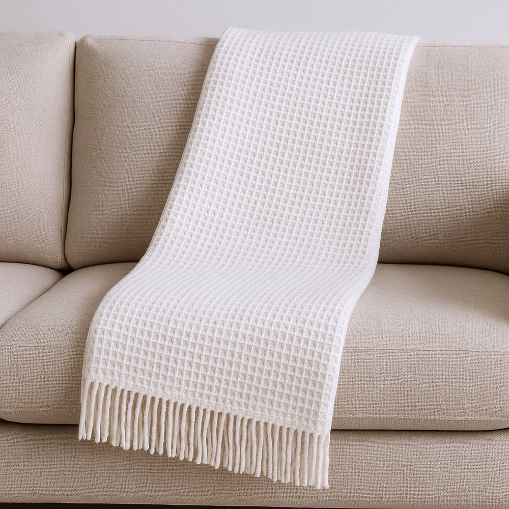 55" X 70" Cream Cotton Blend Waffle Weave Throw Blanket with Fringe