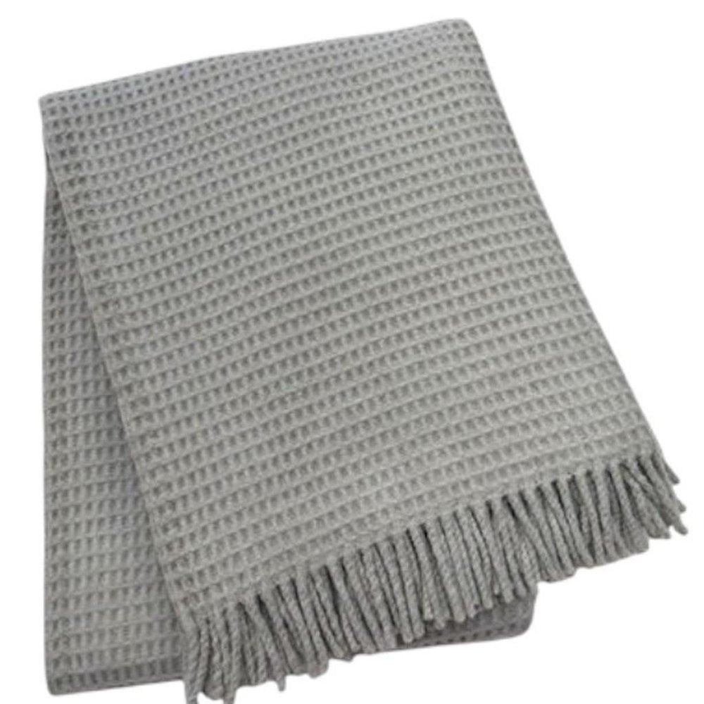 55" X 70" Light Gray Cotton Blend Waffle Weave Throw Blanket with Fringe