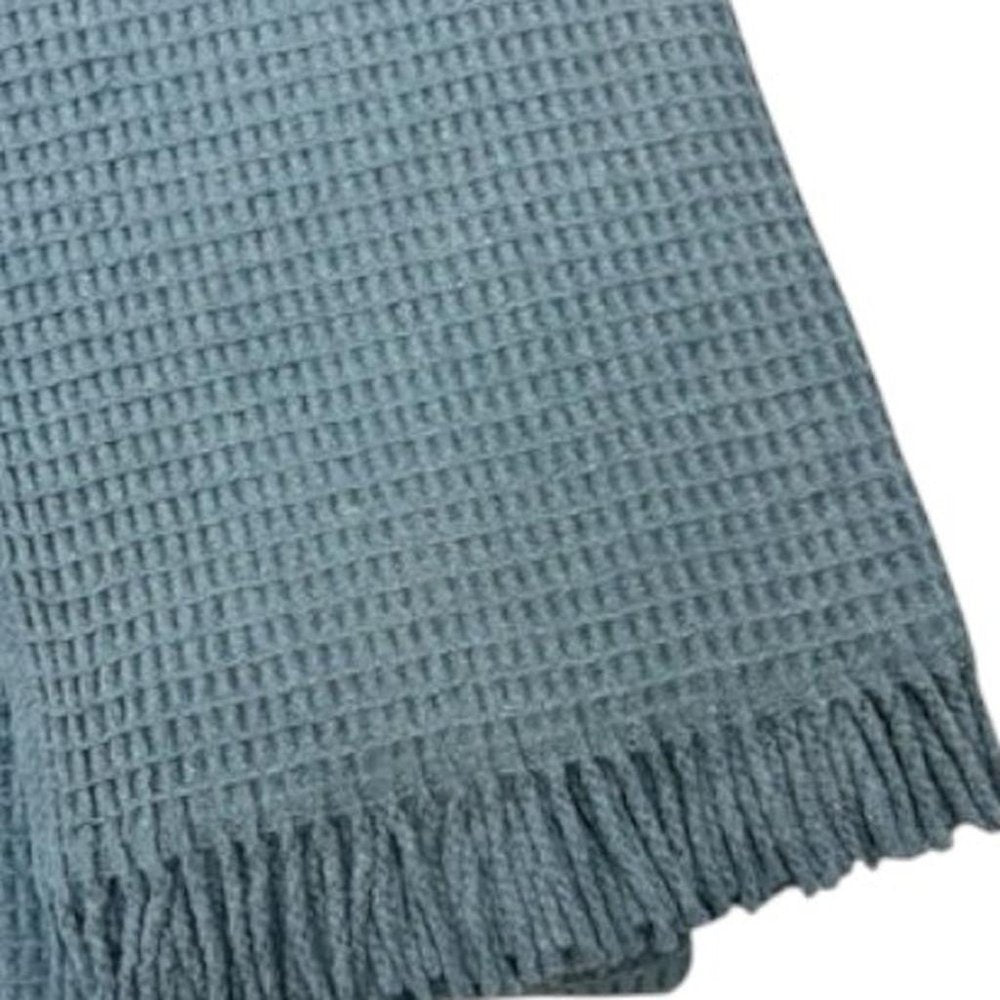 55" X 70" Slate Blue Cotton Blend Waffle Weave Throw Blanket with Fringe