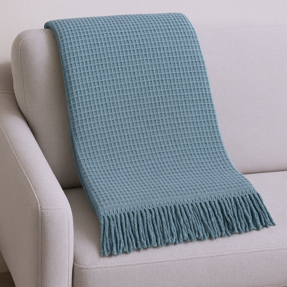 55" X 70" Slate Blue Cotton Blend Waffle Weave Throw Blanket with Fringe