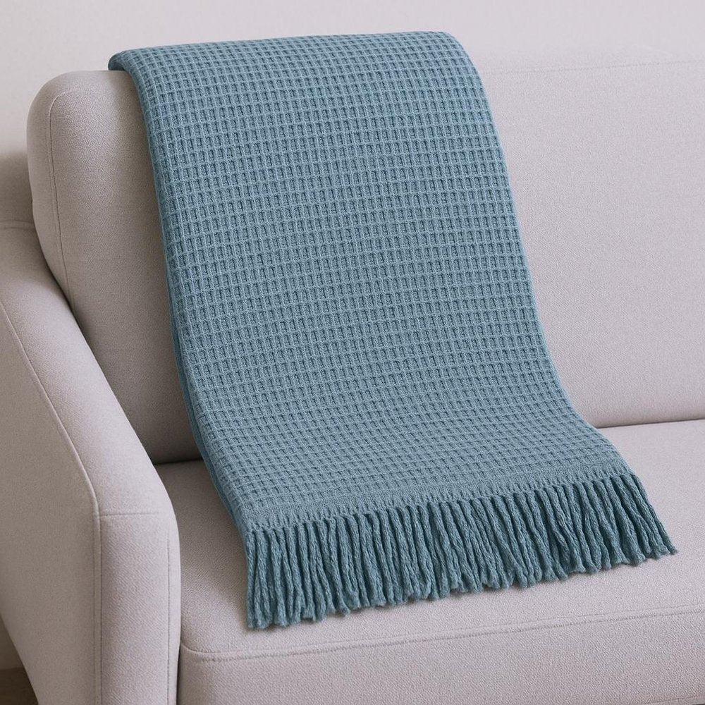 55" X 70" Slate Blue Cotton Blend Waffle Weave Throw Blanket with Fringe
