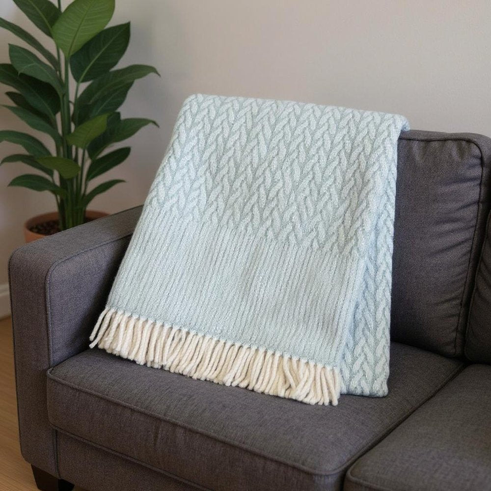 55" X 70" Sky Blue Cotton Blend Woven Plush Throw Blanket with Fringe