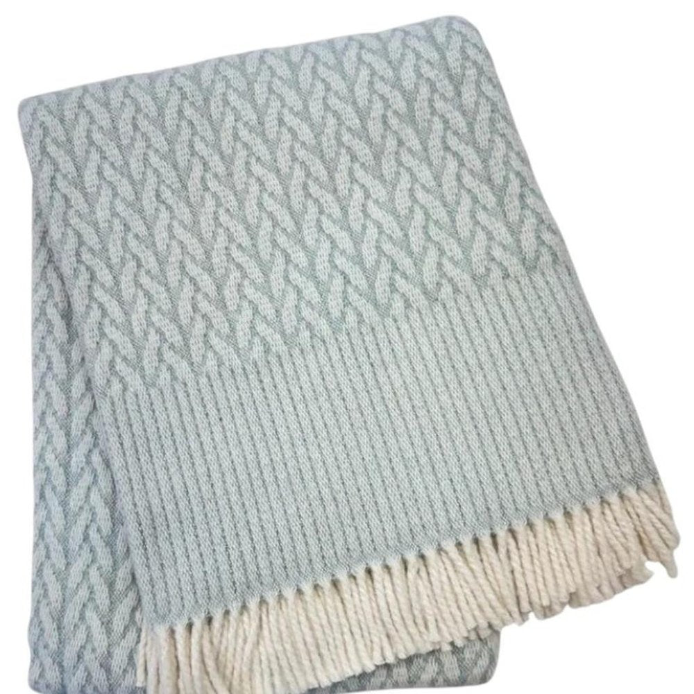 55" X 70" Sky Blue Cotton Blend Woven Plush Throw Blanket with Fringe
