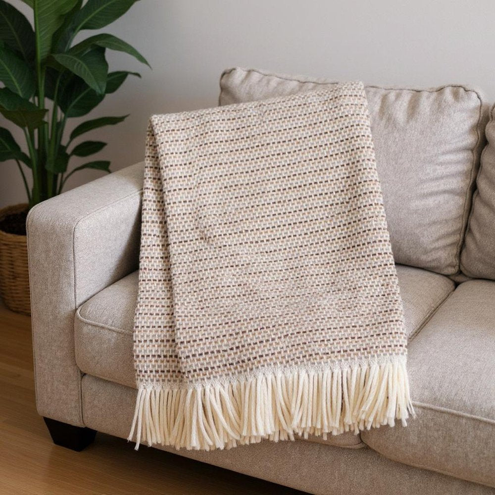 55" X 70" Camel Cotton Blend Woven Plush Throw Blanket with Fringe