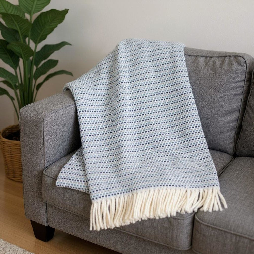 55" X 70" Denim Blue Cotton Blend Woven Plush Throw Blanket with Fringe