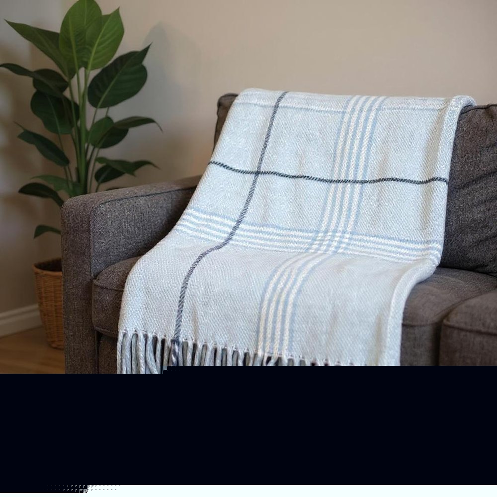 50" X 67" Sky Blue And White Plaid Cotton Blend Woven Throw Blanket with Fringe