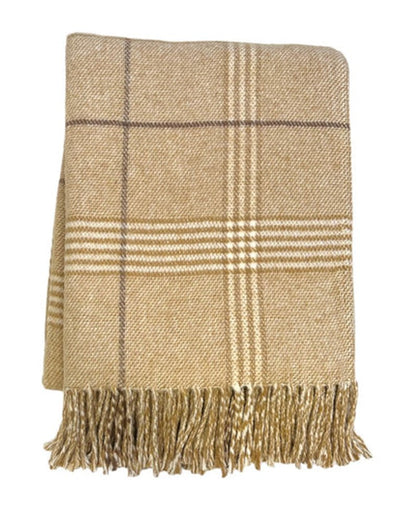 50" X 67" Stone And White Cotton Blend Woven Plaid Throw Blanket with Fringe