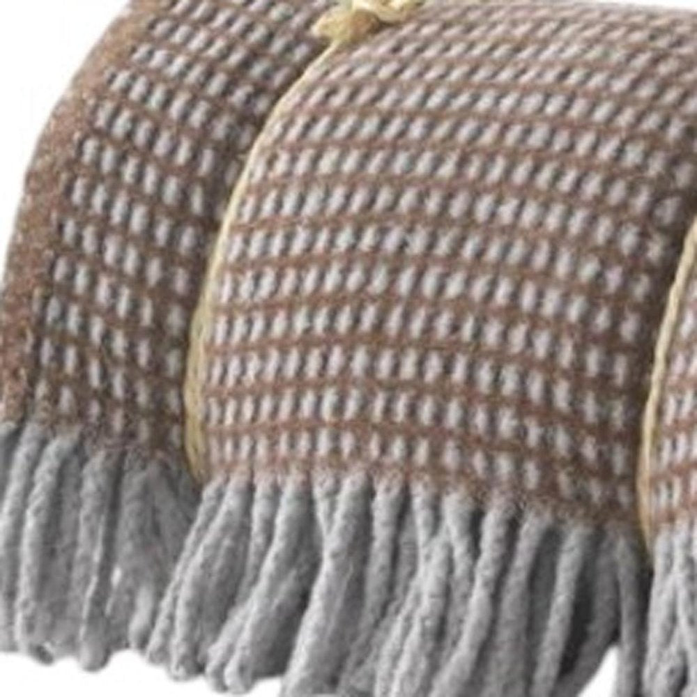 55" X 70" Chocolate And Gray Cotton Blend Woven Checkered Plush Throw Blanket with Fringe