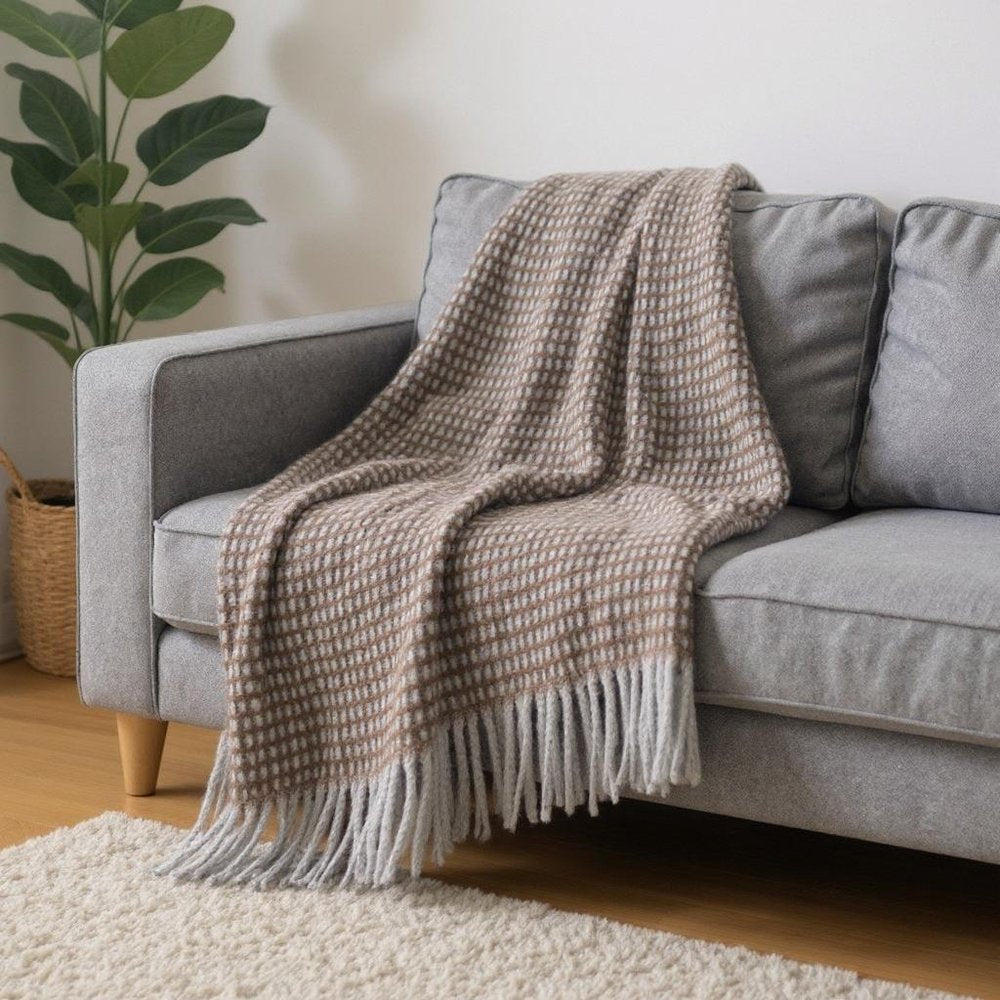 55" X 70" Chocolate And Gray Cotton Blend Woven Checkered Plush Throw Blanket with Fringe