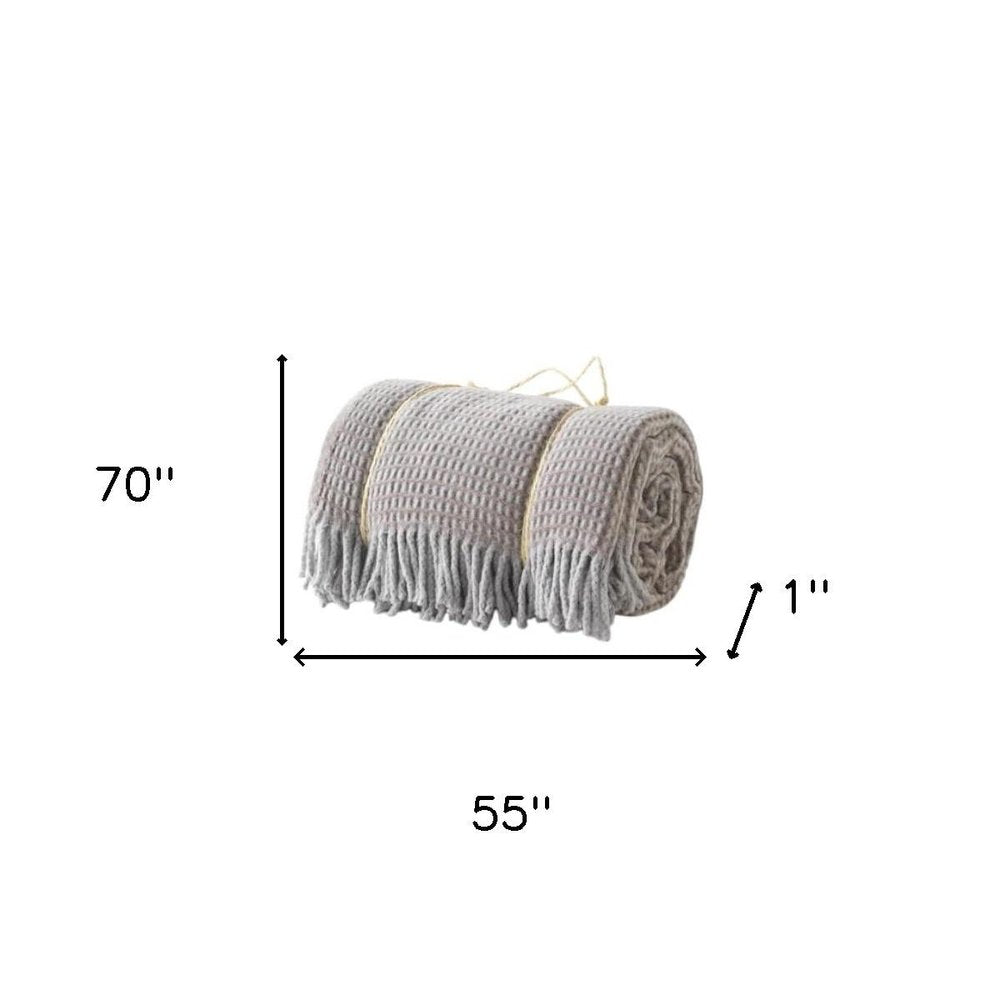 55" X 70" Taupe And Gray Cotton Blend Woven Checkered Plush Throw Blanket with Fringe