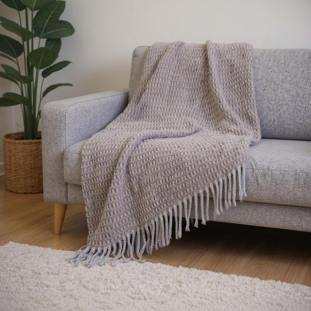 55" X 70" Taupe And Gray Cotton Blend Woven Checkered Plush Throw Blanket with Fringe