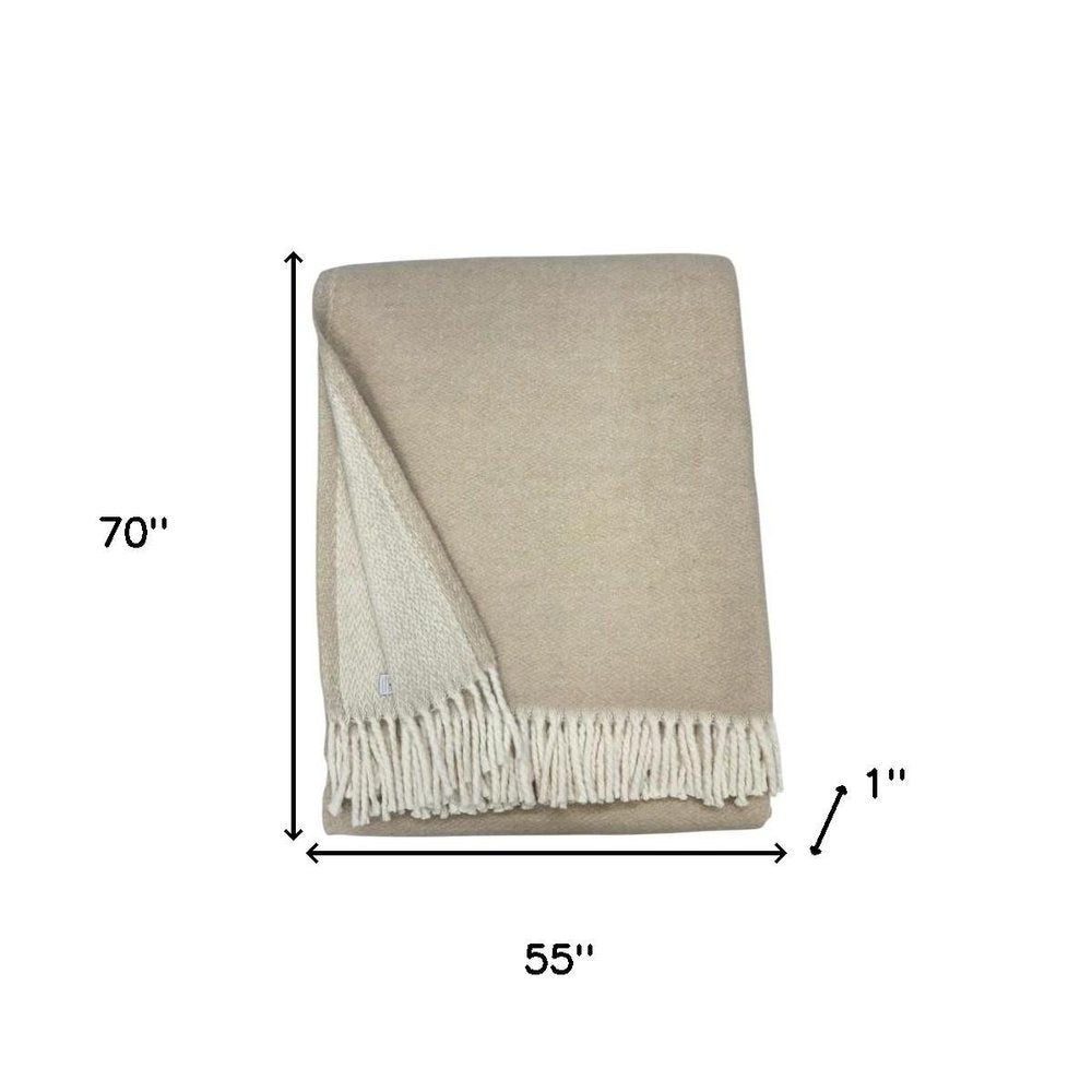 55" X 70" Linen And White Cotton Blend Woven Chevron Plush Throw Blanket with Fringe