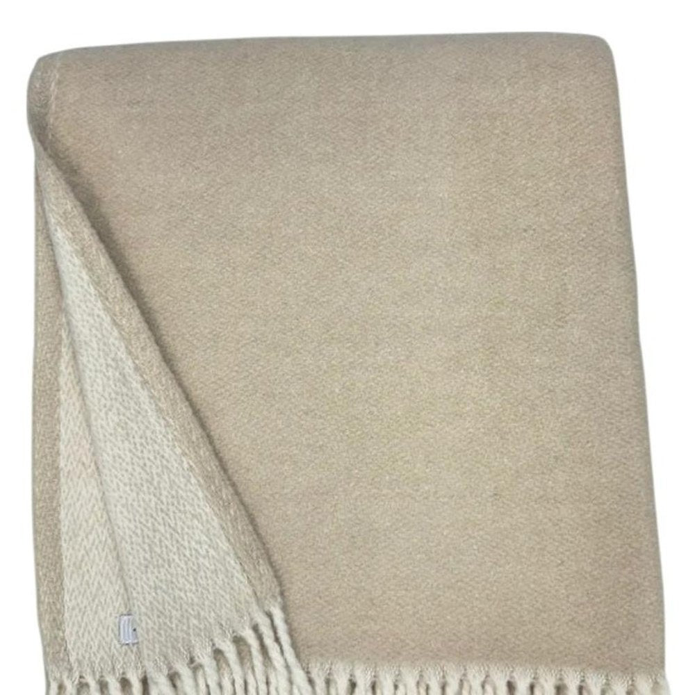 55" X 70" Linen And White Cotton Blend Woven Chevron Plush Throw Blanket with Fringe