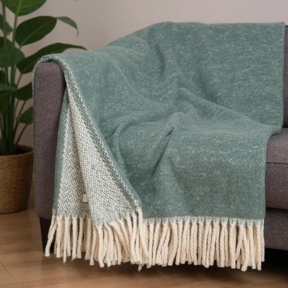 55" X 70" Sage And White Cotton Blend Woven Chevron Plush Throw Blanket with Fringe