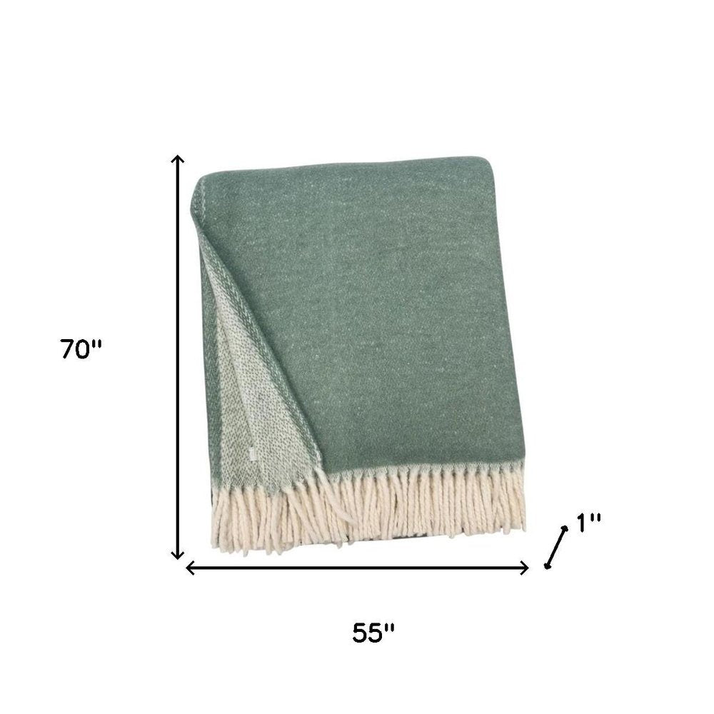 55" X 70" Sage And White Cotton Blend Woven Chevron Plush Throw Blanket with Fringe