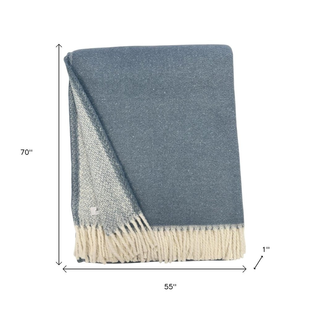 55" X 70" Slate Blue And White Cotton Blend Woven Chevron Plush Throw Blanket with Fringe
